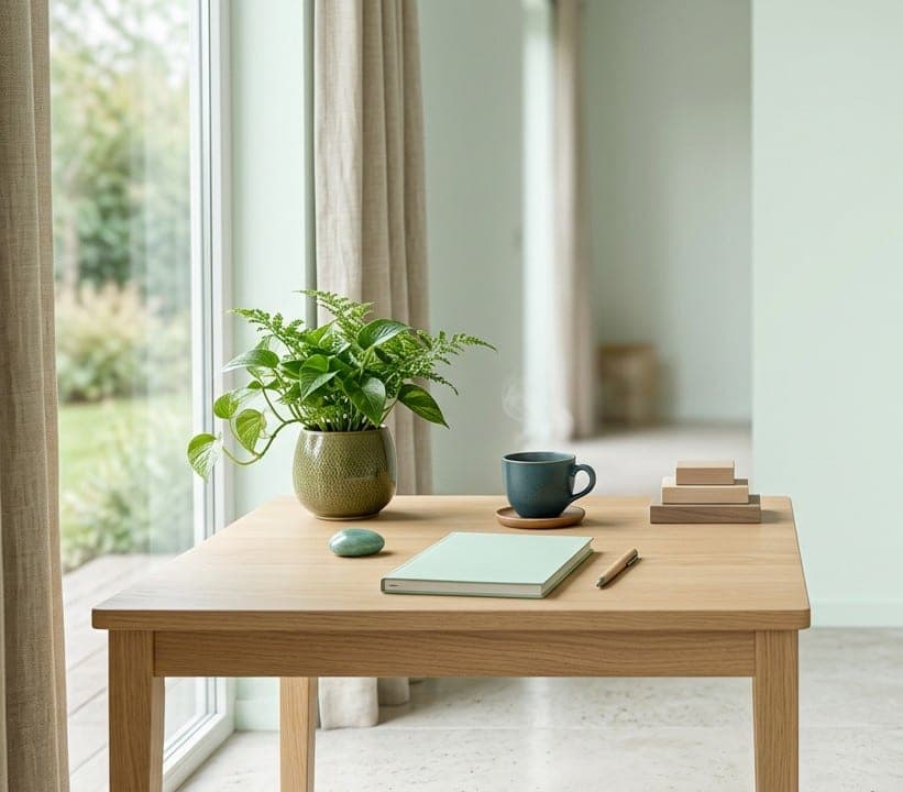 Un escritorio con una planta, una taza y una agenda junto a una ventana.