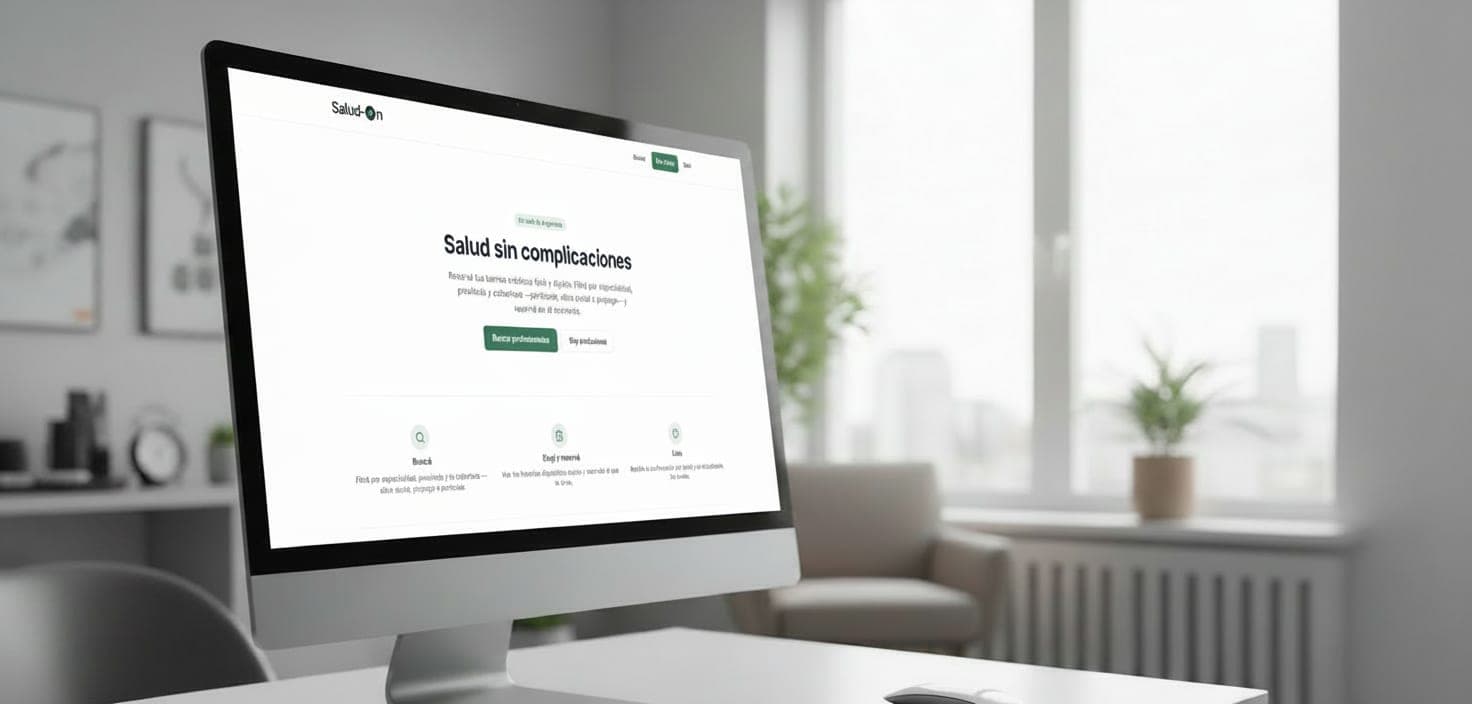 Salud+On abierto en la pantalla de una computadora de escritorio, en un consultorio luminoso.